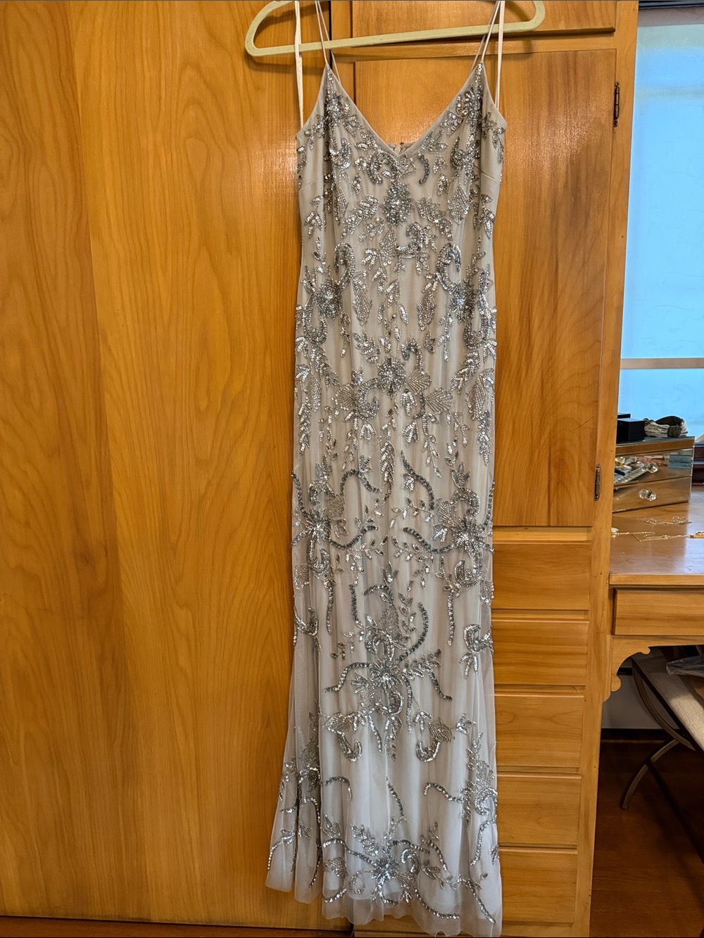 Aidan Mattox Silver Beaded Embellished Maxi Slip Dress. Size 6